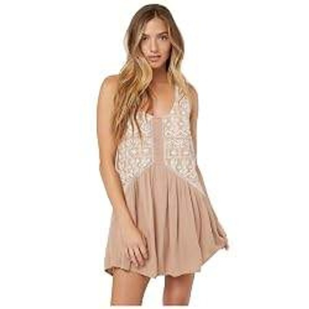 ONeill Womens Tan Embroidered Boho Gauze Sleeveless Tunic Top XS Scoop Neck Lace